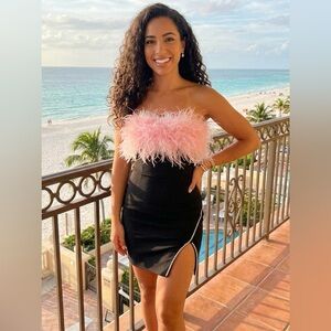 Strapless Ostrich Feather Mini Bandage Dress with Rhinestone Trim - NWT